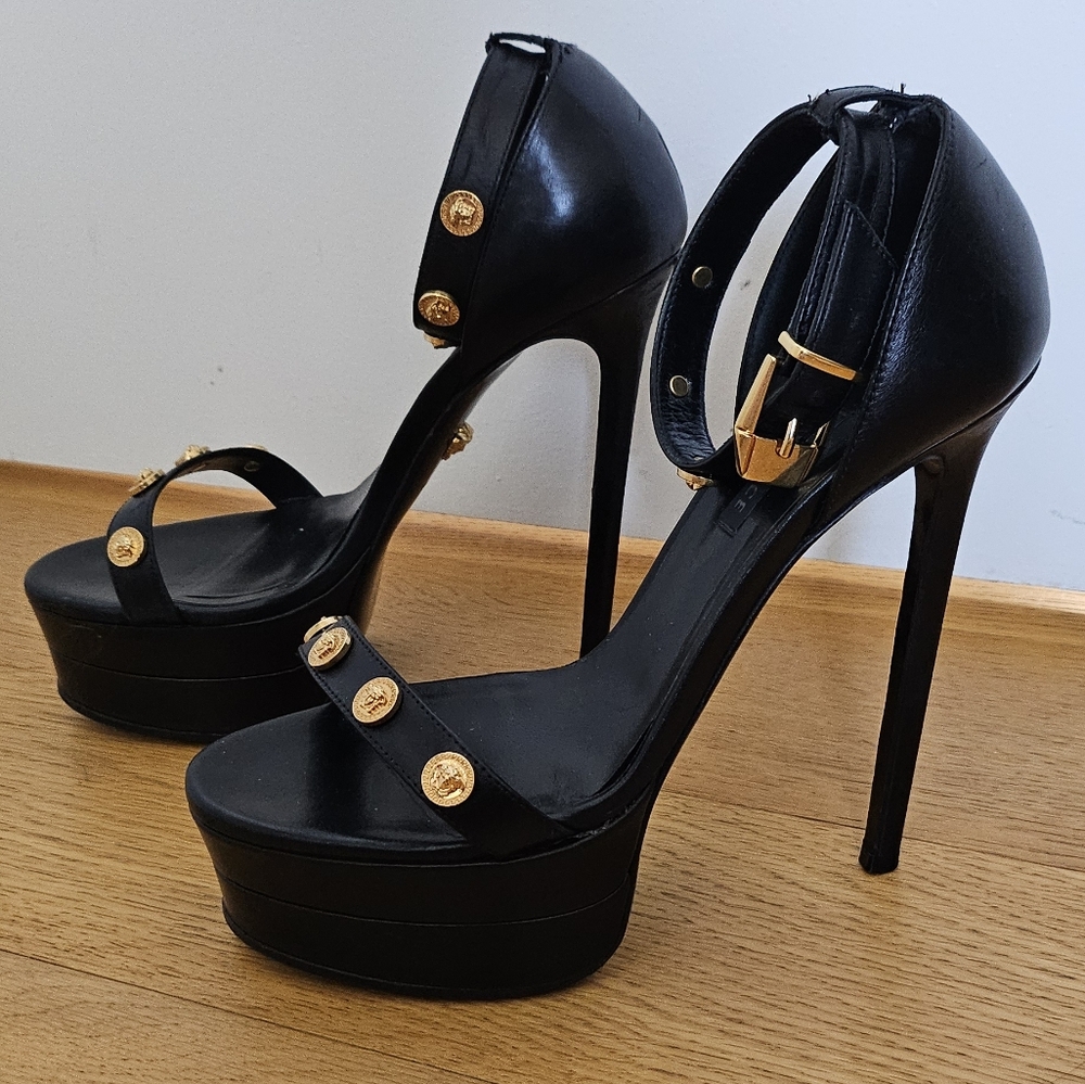 Versace Icon Black Platform Stiletto Ankle Strap Heels Gold Medallion Studs - Picture 7 of 15